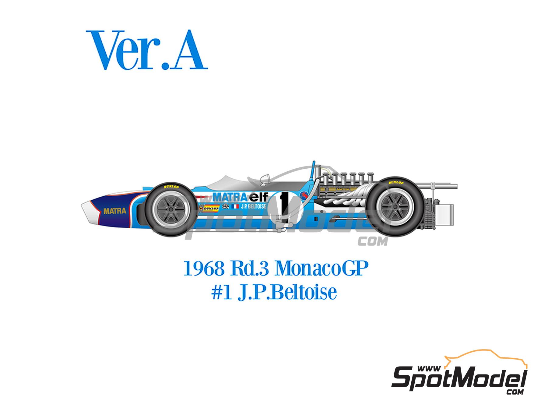 Matra MS11 Matra Sports Team sponsored by Elf - Monaco Formula 1 Grand Prix  1968. Car scale model kit in 1/12 scale manufactured by Model Factory Hiro